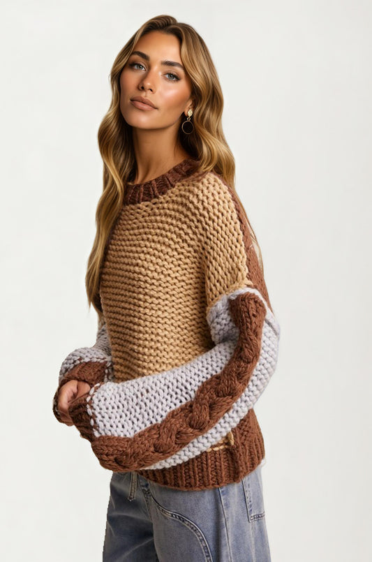 Colorblock Chunky Knit Pullover Sweater with Balloon Sleeves
