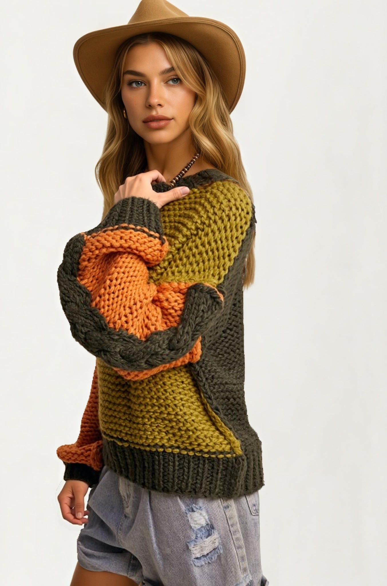 Colorblock Chunky Knit Pullover with Balloon Sleeves