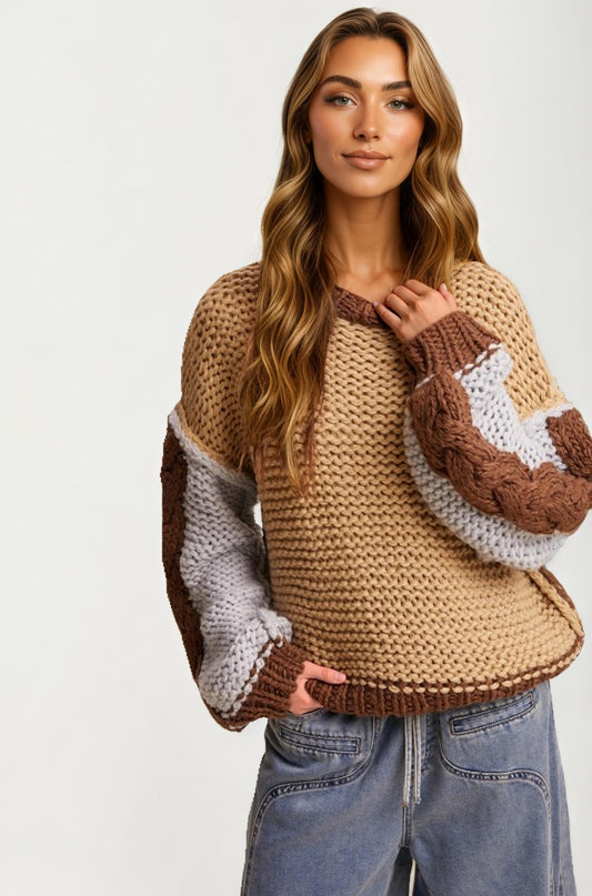 Colorblock Chunky Knit Pullover Sweater with Balloon Sleeves