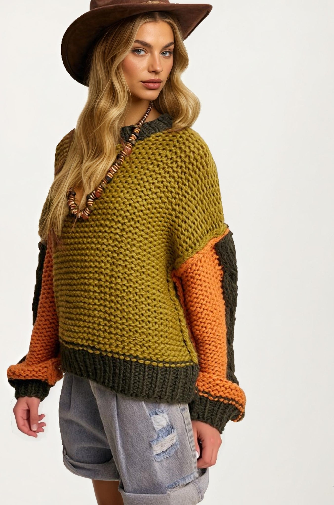 Colorblock Chunky Knit Pullover with Balloon Sleeves