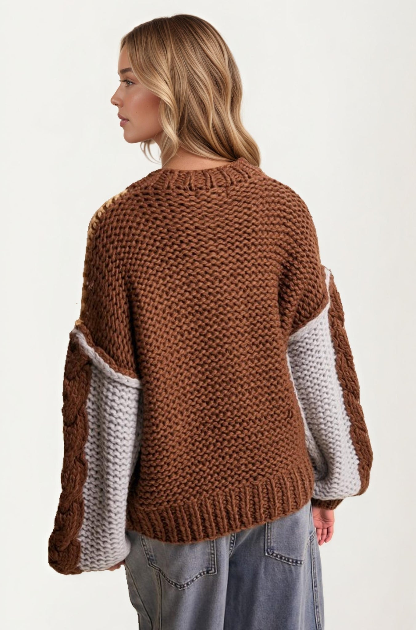 Colorblock Chunky Knit Pullover Sweater with Balloon Sleeves