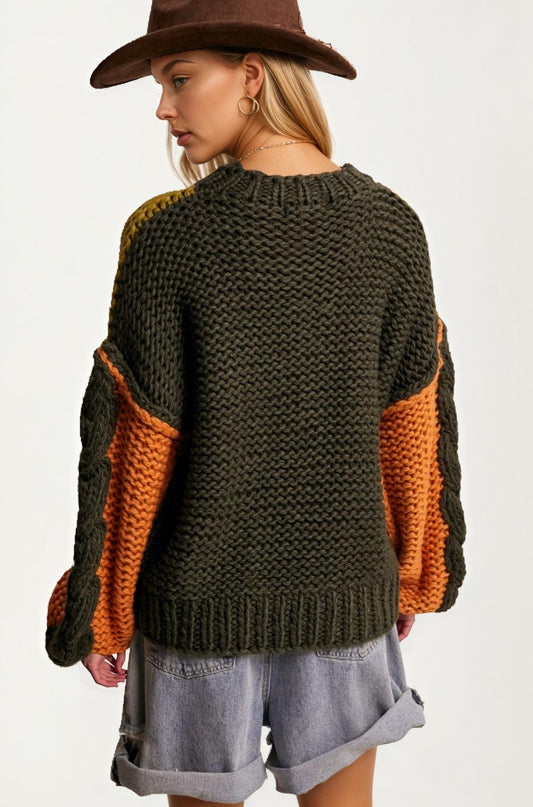Colorblock Chunky Knit Pullover with Balloon Sleeves