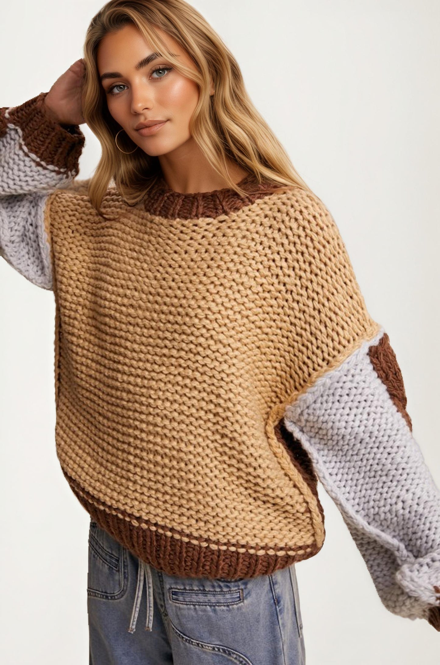 Colorblock Chunky Knit Pullover Sweater with Balloon Sleeves