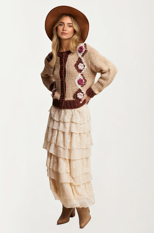 Chunky Knit Cardigan with Floral Crochet Accents