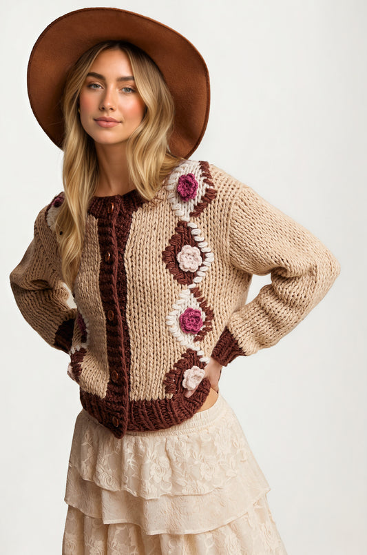 Chunky Knit Cardigan with Floral Crochet Accents