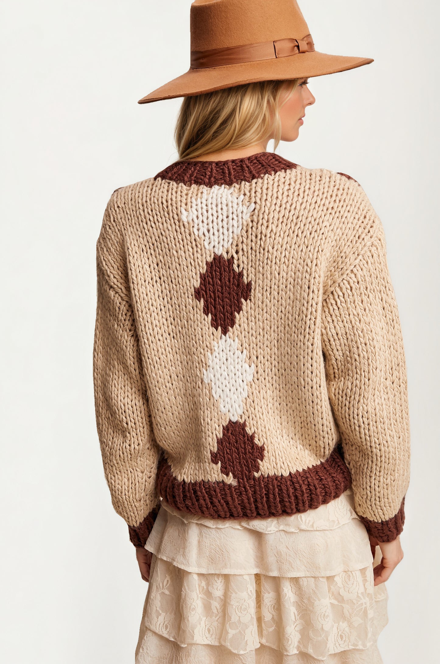Chunky Knit Cardigan with Floral Crochet Accents