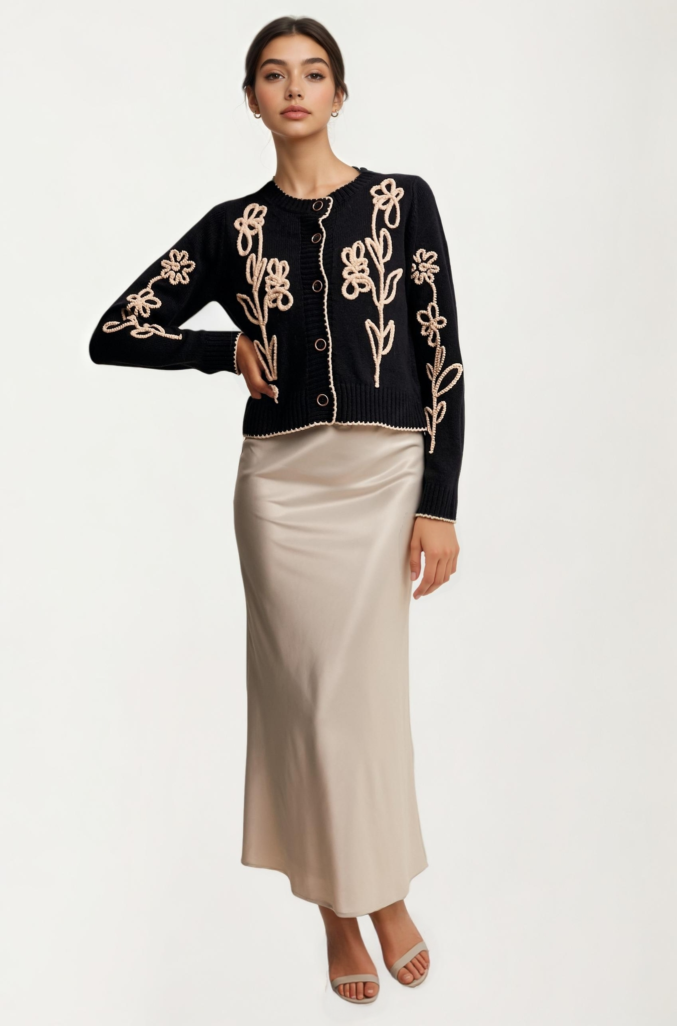 Floral Embroidered Button Front Cardigan Sweater