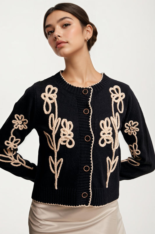 Floral Embroidered Button Front Cardigan Sweater
