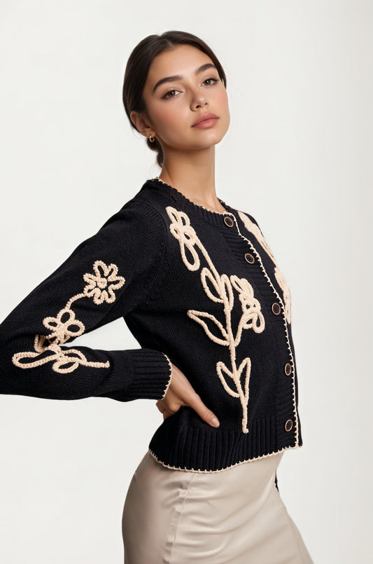Floral Embroidered Button Front Cardigan Sweater