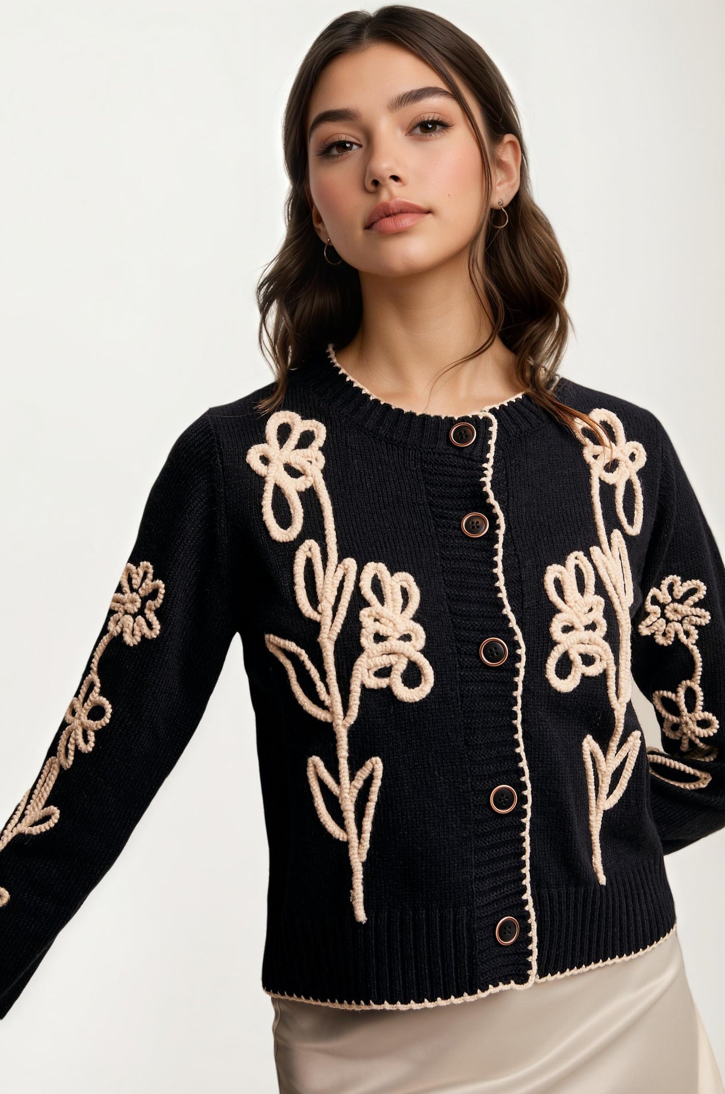 Floral Embroidered Button Front Cardigan Sweater