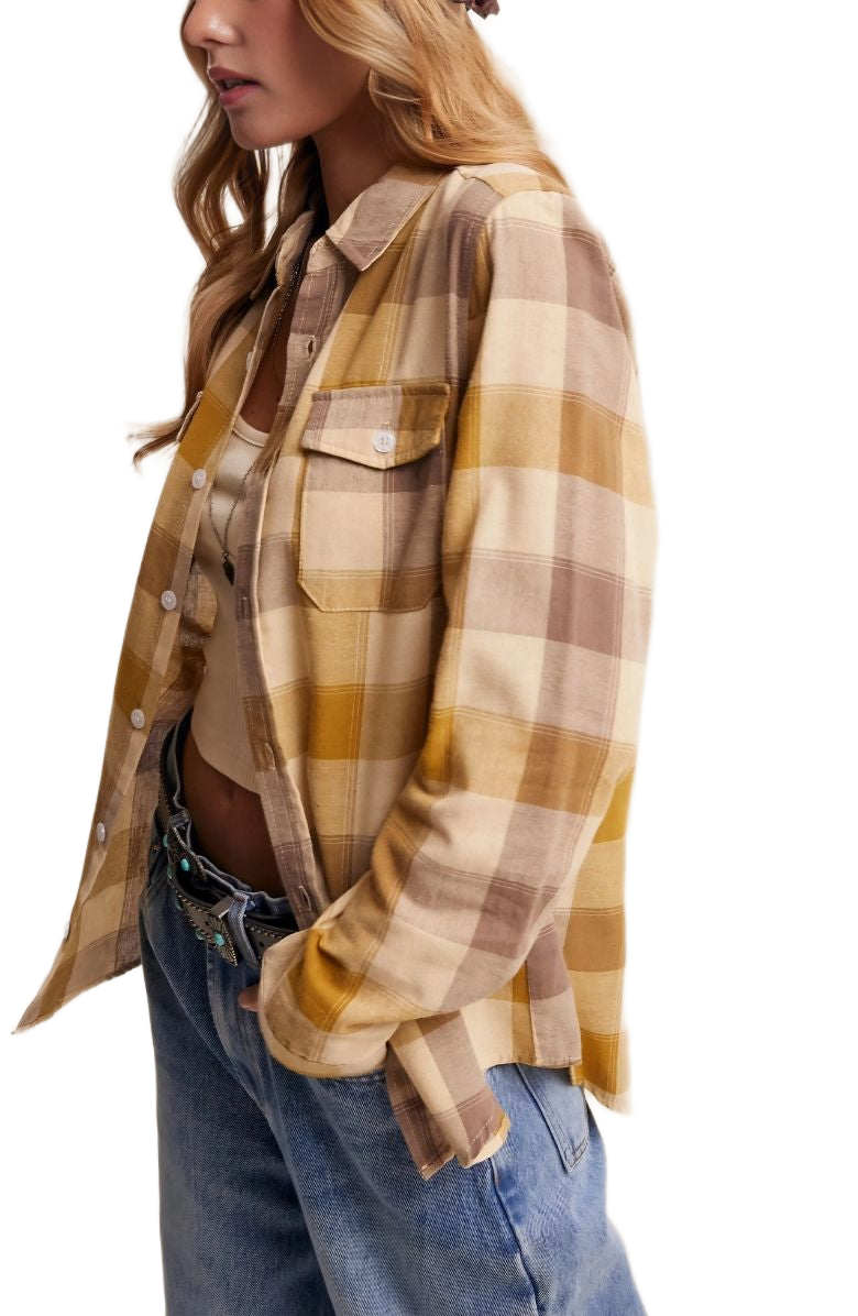 Yellow Plaid Button-Up Button Flap Detail Shirt