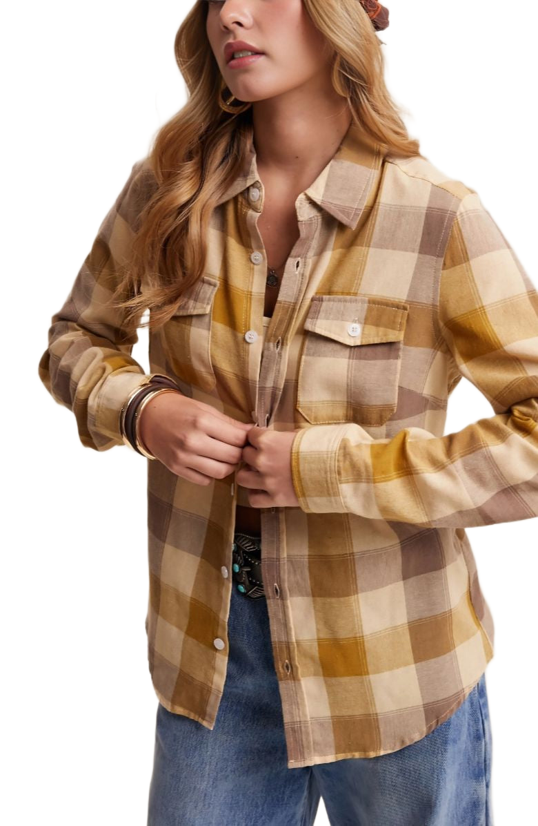 Yellow Plaid Button-Up Button Flap Detail Shirt