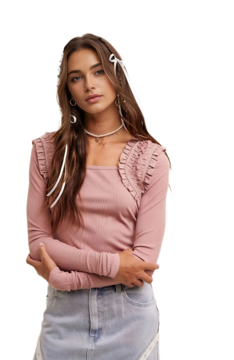 Mauve Long Sleeve Ruffle Trim Layering Top