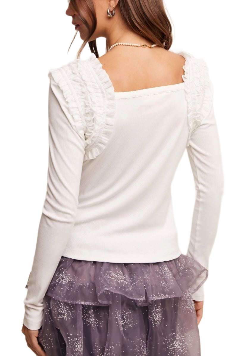 White Long Sleeve Ruffle Trim Layering Rib Knit Top