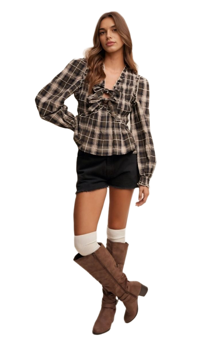 Plaid Long Sleeve Ruffle Tie Detail Blouse
