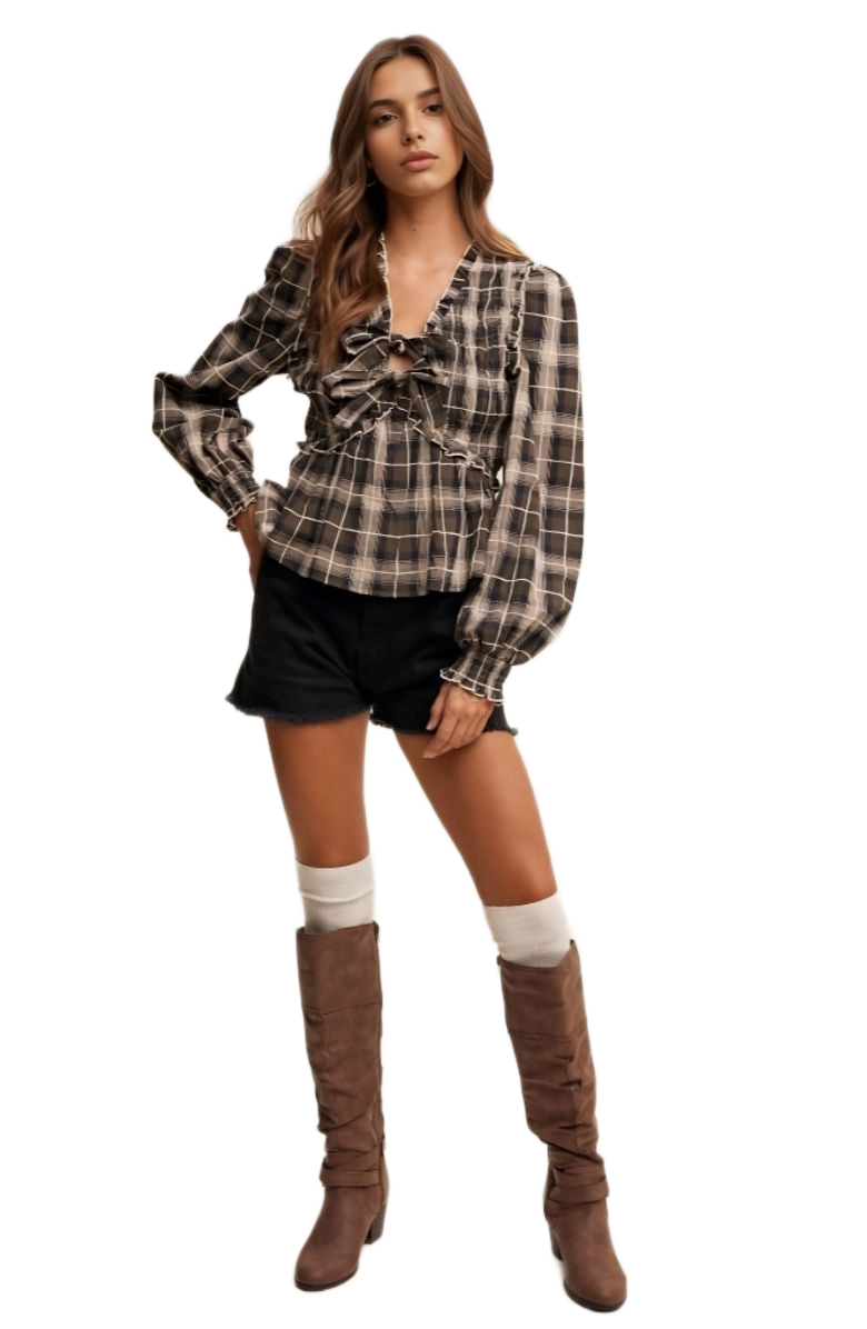 Plaid Long Sleeve Ruffle Tie Detail Blouse