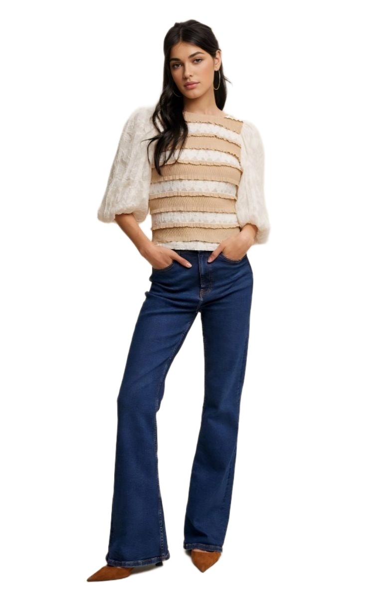 Puff Sleeve Ruffle Trim Soft Floral Pattern Top