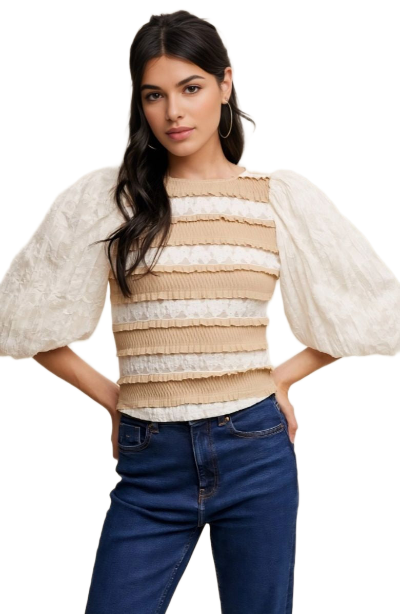 Puff Sleeve Ruffle Trim Soft Floral Pattern Top