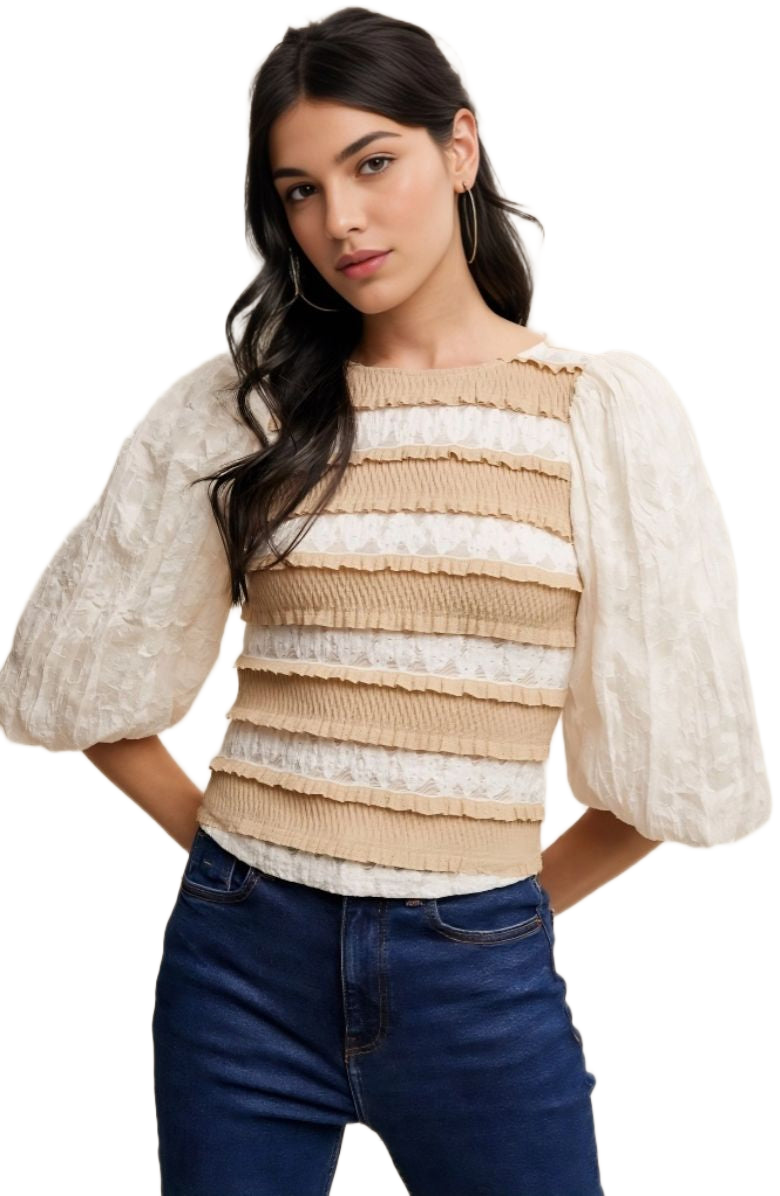 Puff Sleeve Ruffle Trim Soft Floral Pattern Top