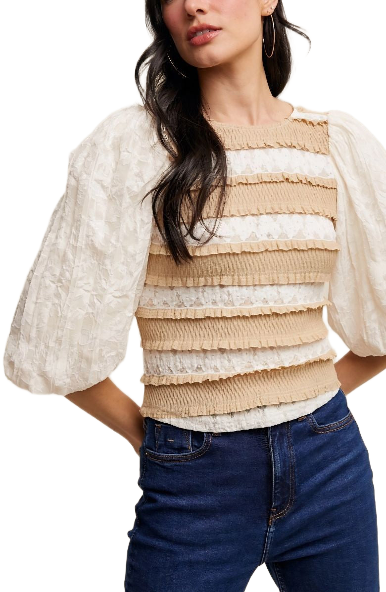 Puff Sleeve Ruffle Trim Soft Floral Pattern Top