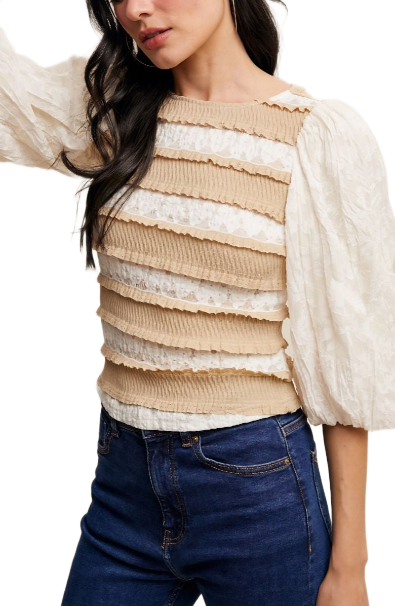 Puff Sleeve Ruffle Trim Soft Floral Pattern Top