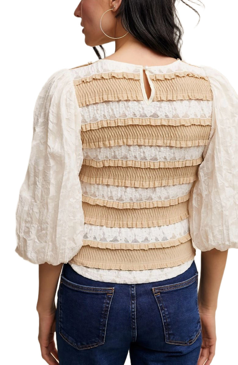 Puff Sleeve Ruffle Trim Soft Floral Pattern Top