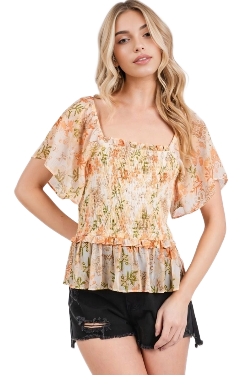 Smocked Peplum Top Flutter Sleeves Square Neck Soft Floral Print Lightweight