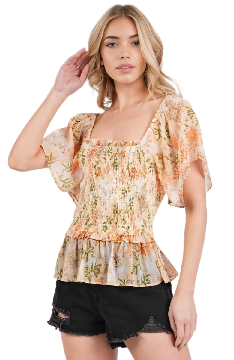 Smocked Peplum Top Flutter Sleeves Square Neck Soft Floral Print Lightweight