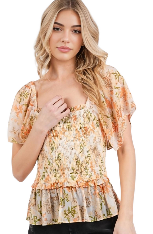 Smocked Peplum Top Flutter Sleeves Square Neck Soft Floral Print Lightweight