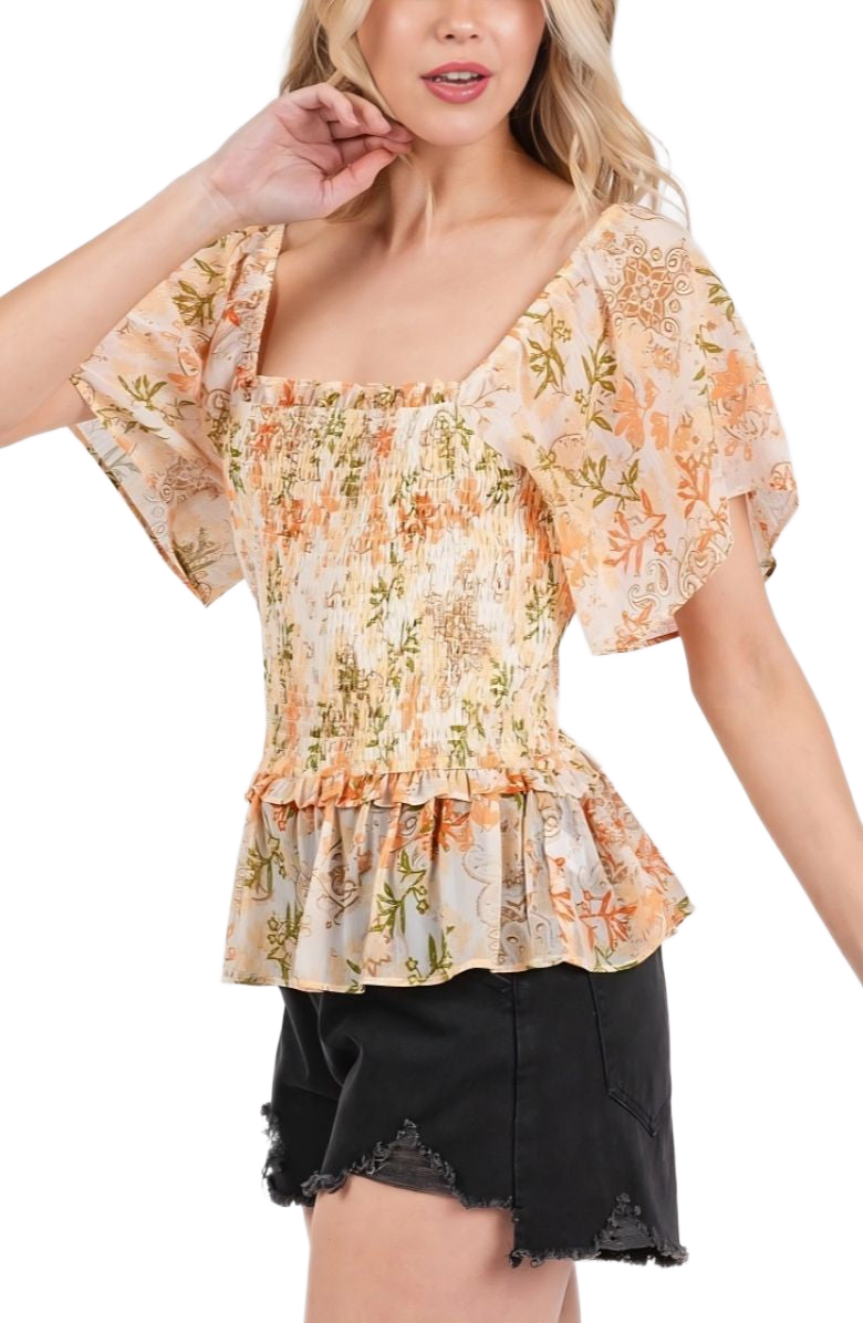 Smocked Peplum Top Flutter Sleeves Square Neck Soft Floral Print Lightweight