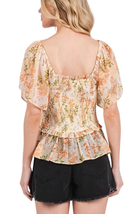 Smocked Peplum Top Flutter Sleeves Square Neck Soft Floral Print Lightweight