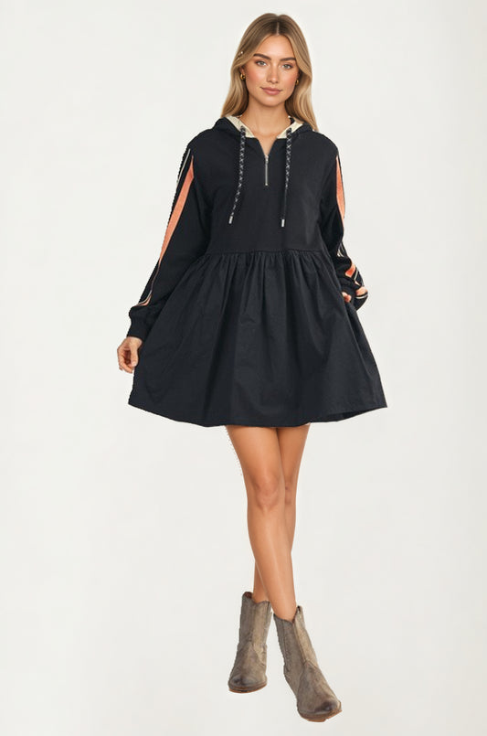 Sporty Hoodie Mini Dress with Half Zip and Contrast Sleeve Stripes
