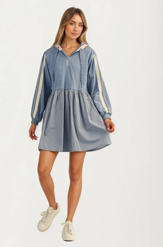 Sporty Hoodie Mini Dress with Half Zip and Contrast Sleeve Stripes