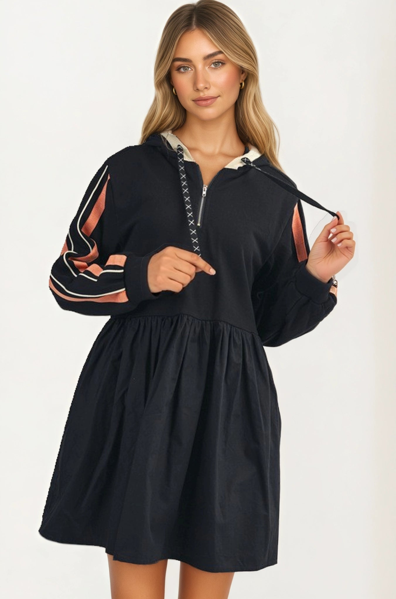 Sporty Hoodie Mini Dress with Half Zip and Contrast Sleeve Stripes