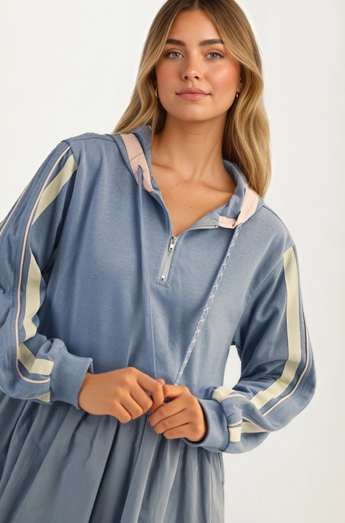 Sporty Hoodie Mini Dress with Half Zip and Contrast Sleeve Stripes