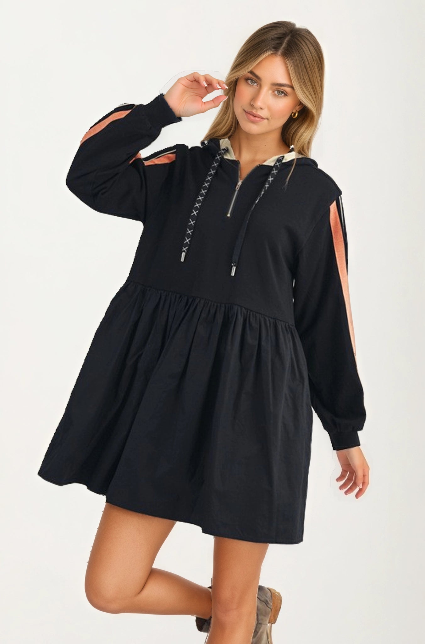 Sporty Hoodie Mini Dress with Half Zip and Contrast Sleeve Stripes