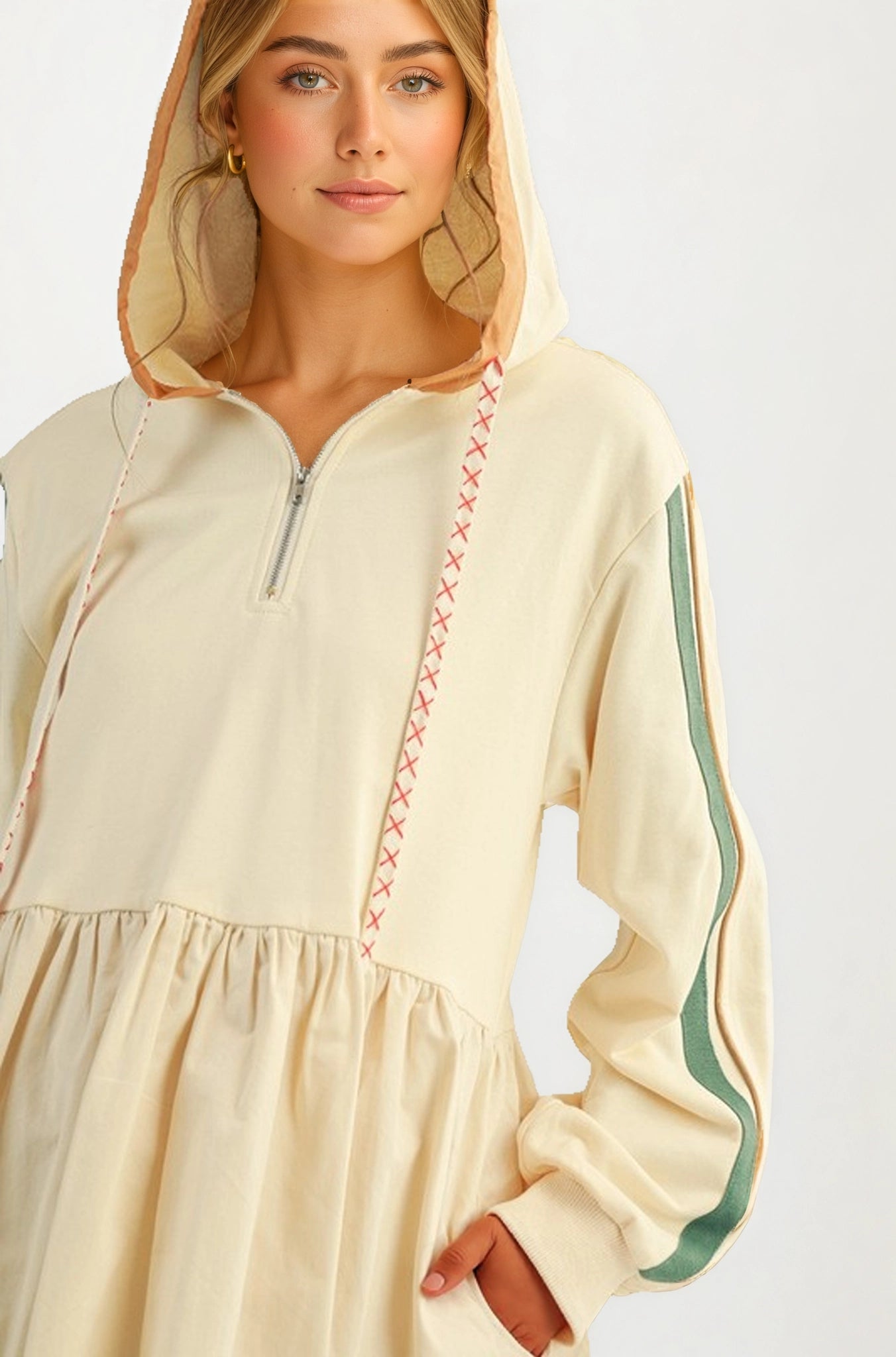 Sporty Hoodie Mini Dress with Half Zip and Contrast Sleeve Stripes