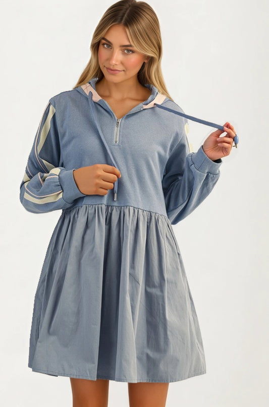 Sporty Hoodie Mini Dress with Half Zip and Contrast Sleeve Stripes