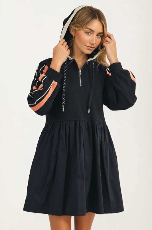 Sporty Hoodie Mini Dress with Half Zip and Contrast Sleeve Stripes