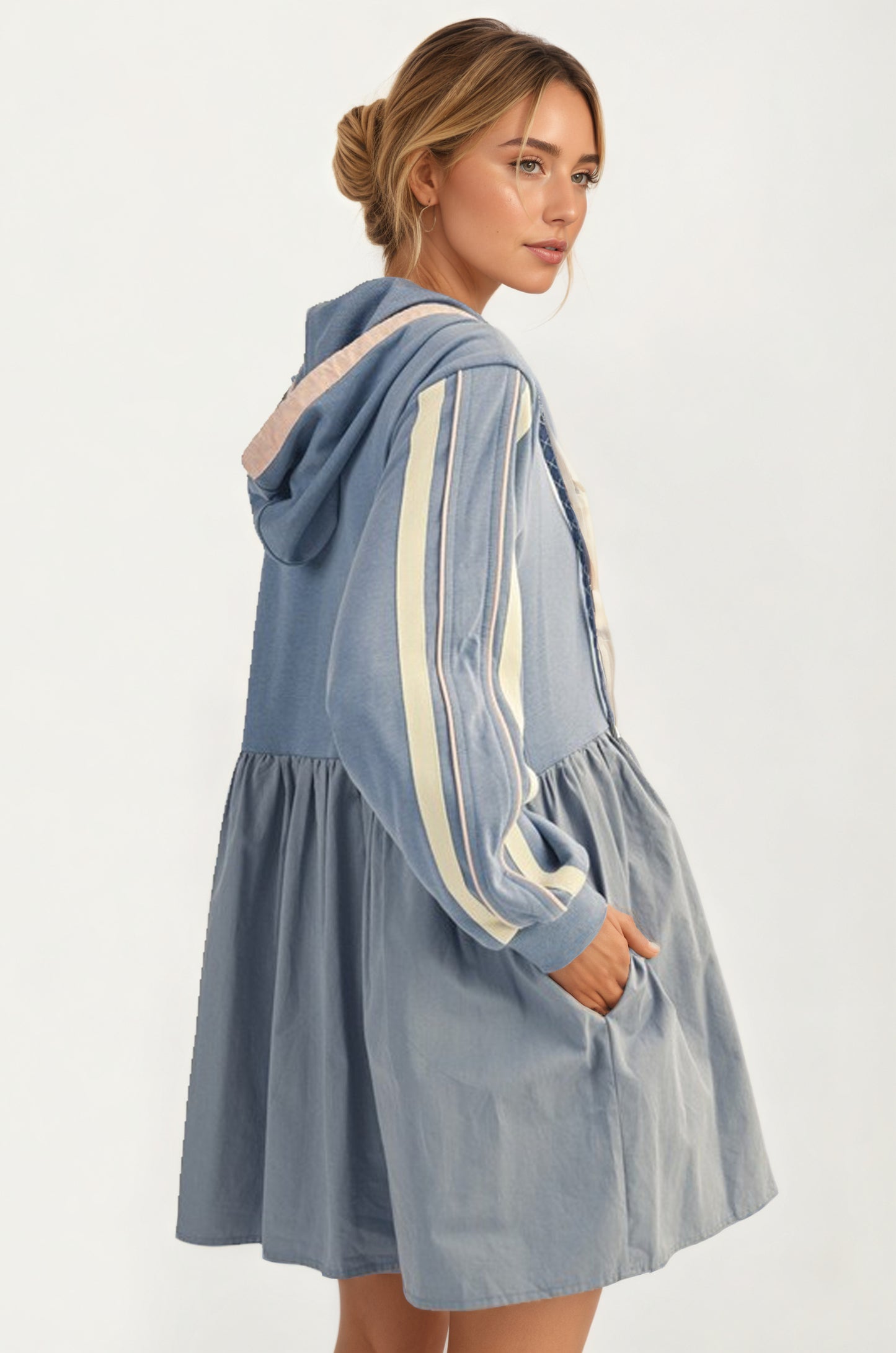 Sporty Hoodie Mini Dress with Half Zip and Contrast Sleeve Stripes