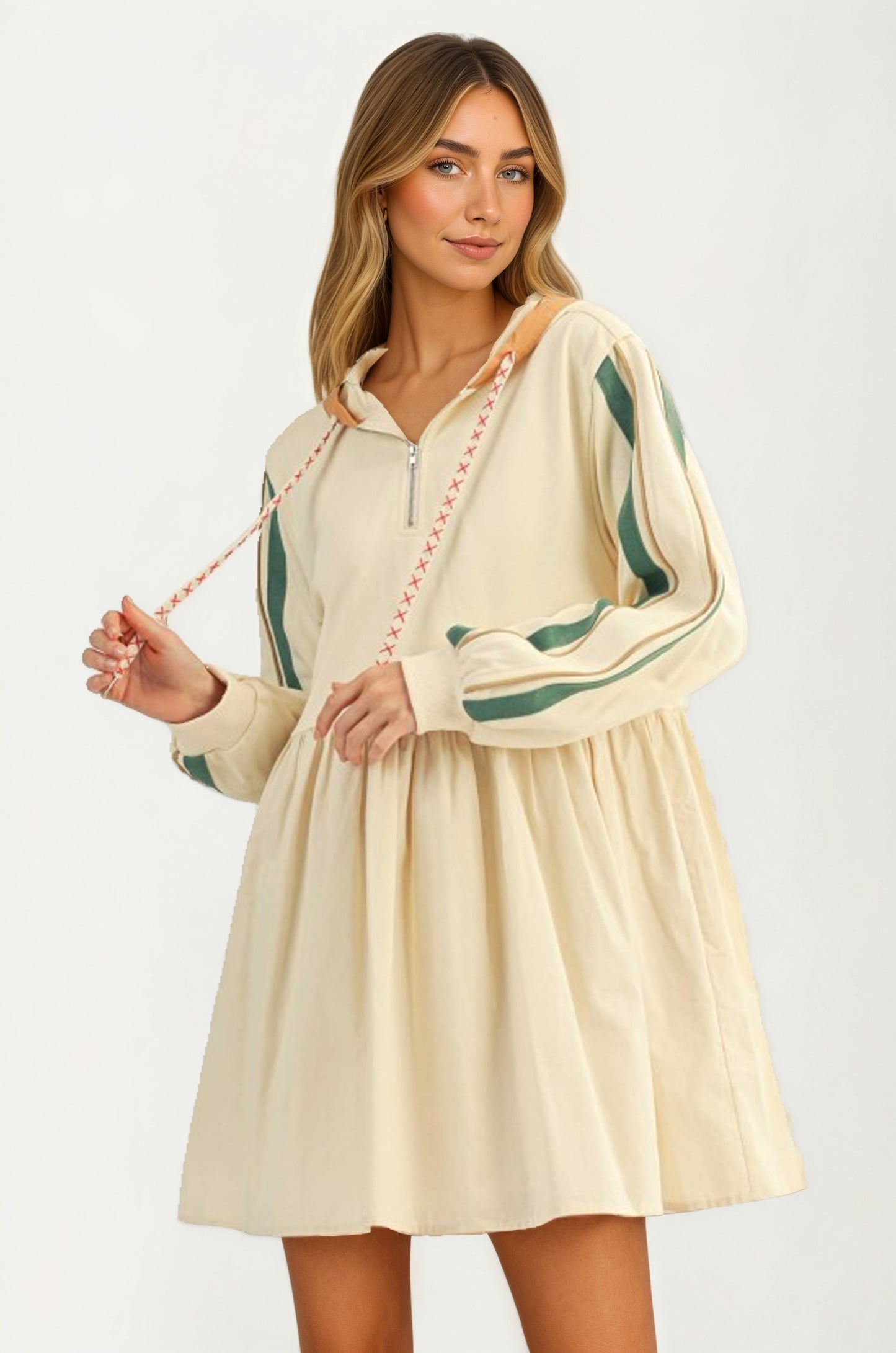 Sporty Hoodie Mini Dress with Half Zip and Contrast Sleeve Stripes