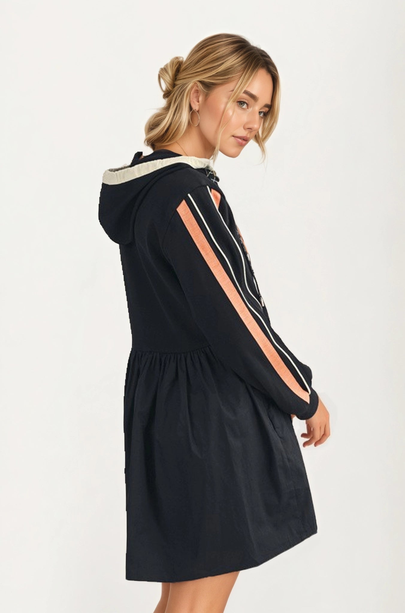 Sporty Hoodie Mini Dress with Half Zip and Contrast Sleeve Stripes