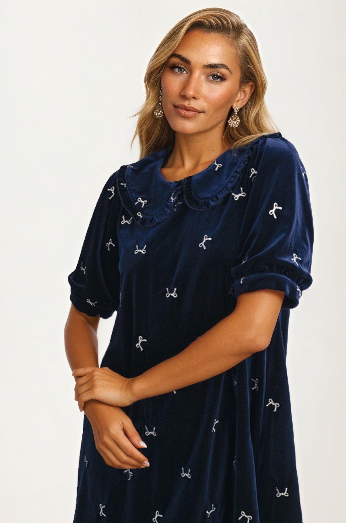 Velvet Mini Dress with Embroidered Details and Peter Pan Collar