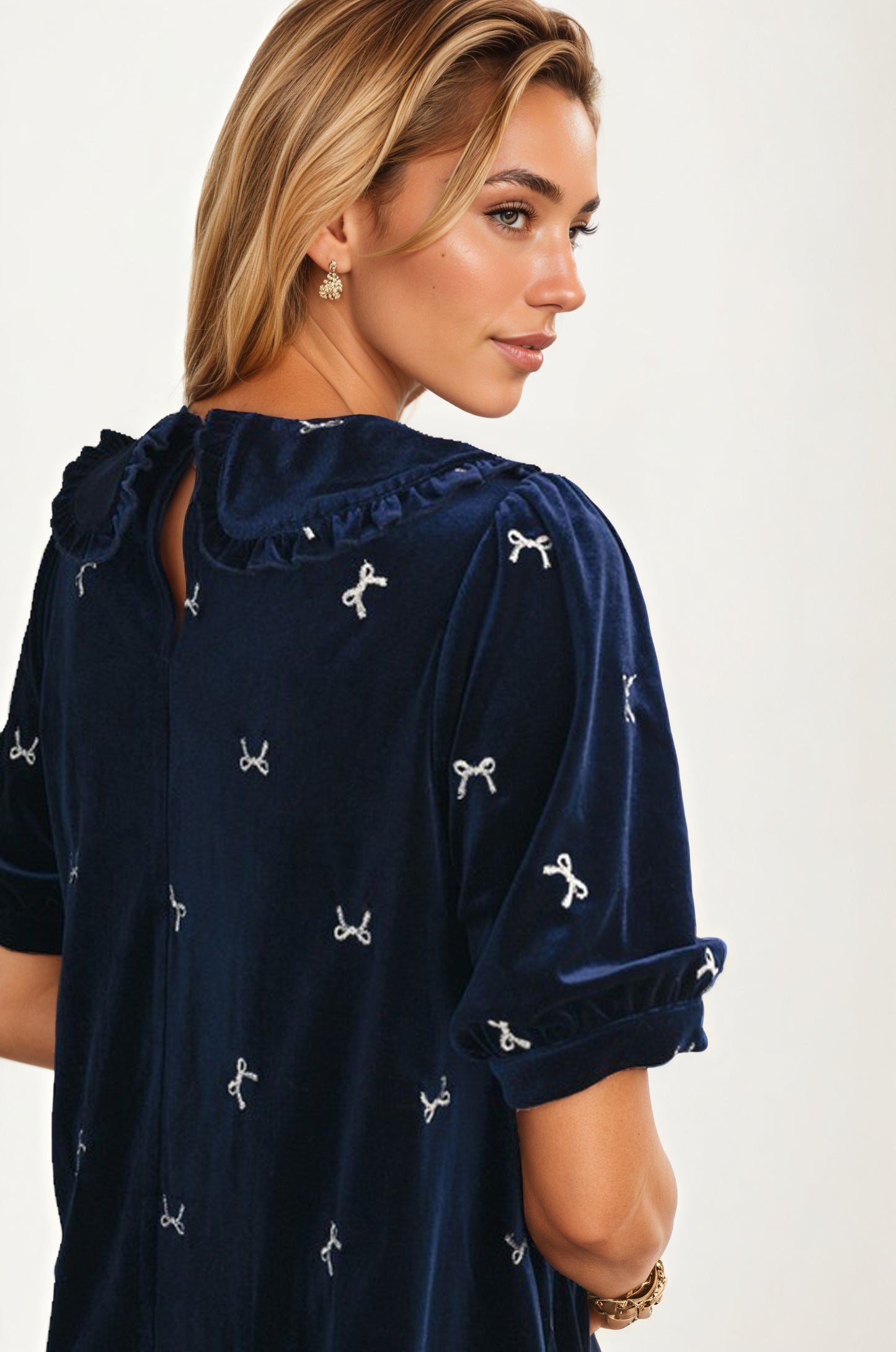 Velvet Mini Dress with Embroidered Details and Peter Pan Collar