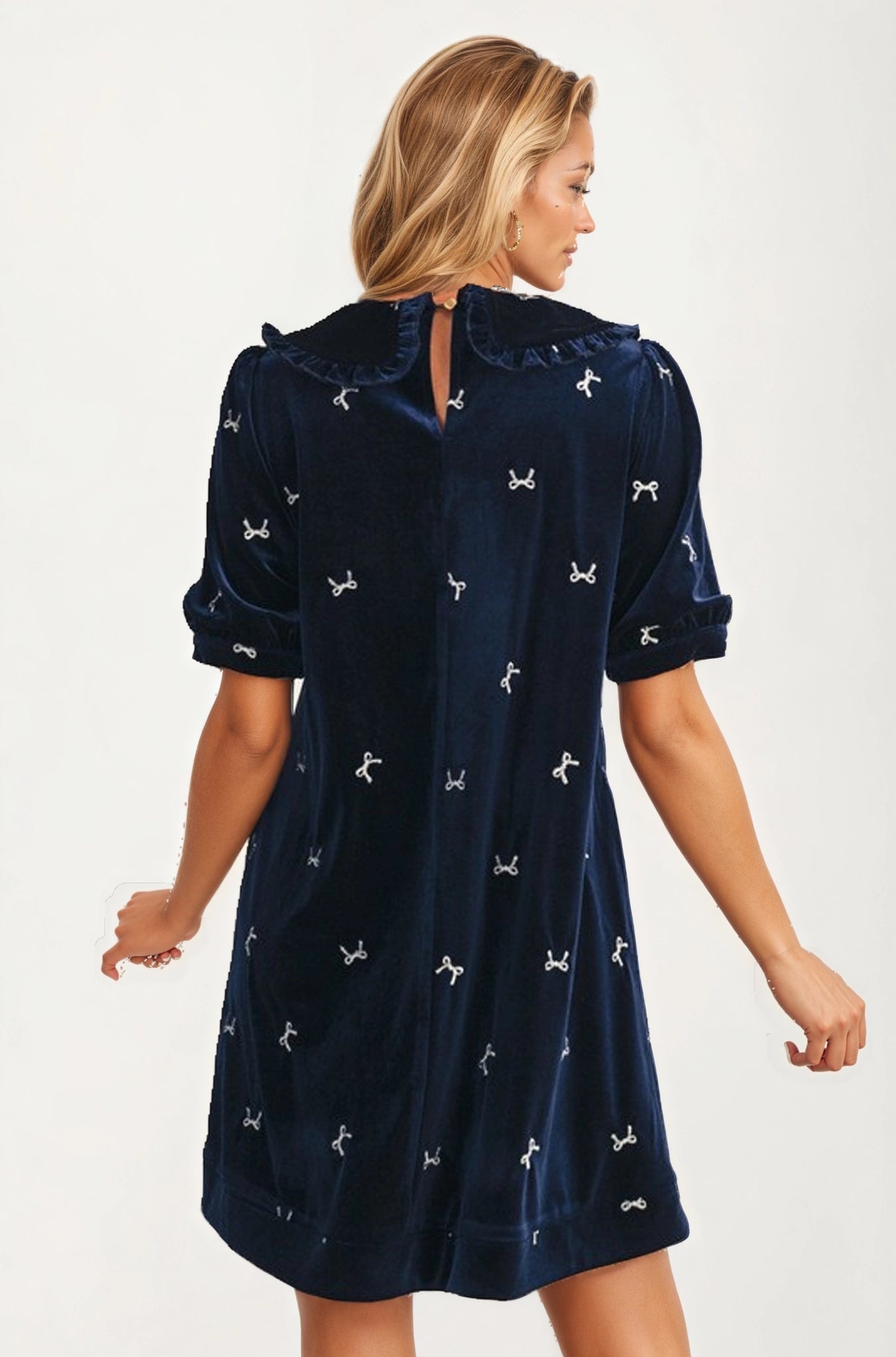 Velvet Mini Dress with Embroidered Details and Peter Pan Collar