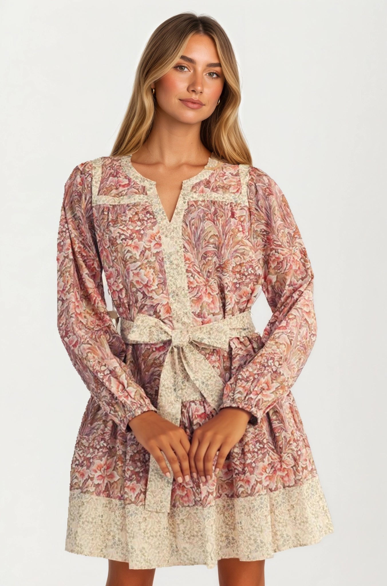 Long Sleeve Mini Dress with Contrast Tie Belt and Boho Print