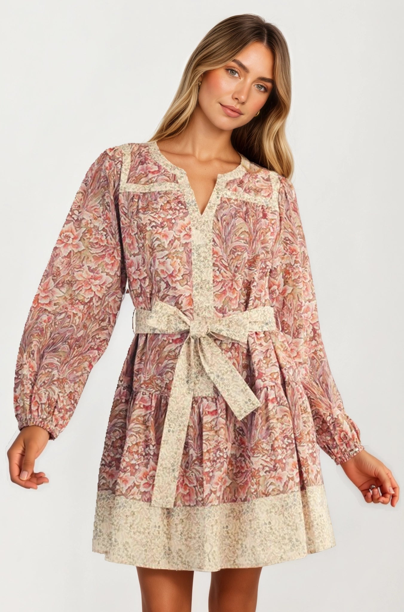 Long Sleeve Mini Dress with Contrast Tie Belt and Boho Print