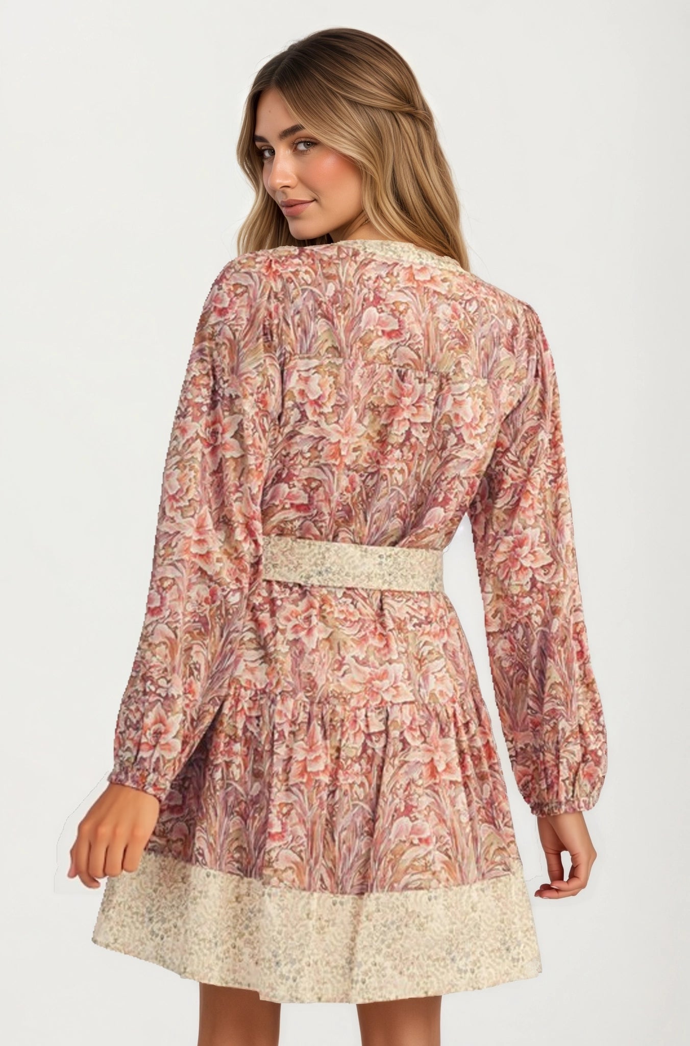 Long Sleeve Mini Dress with Contrast Tie Belt and Boho Print