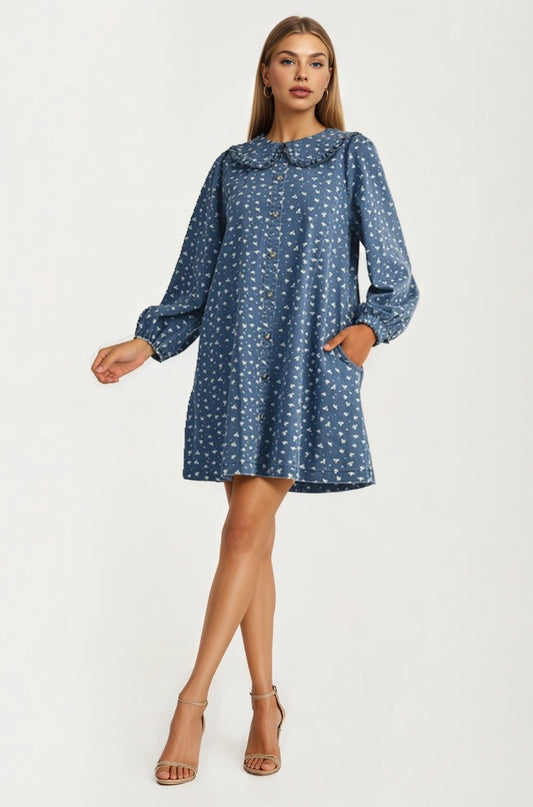 Button Front Mini Dress with Puff Sleeves and Ruffle Collar