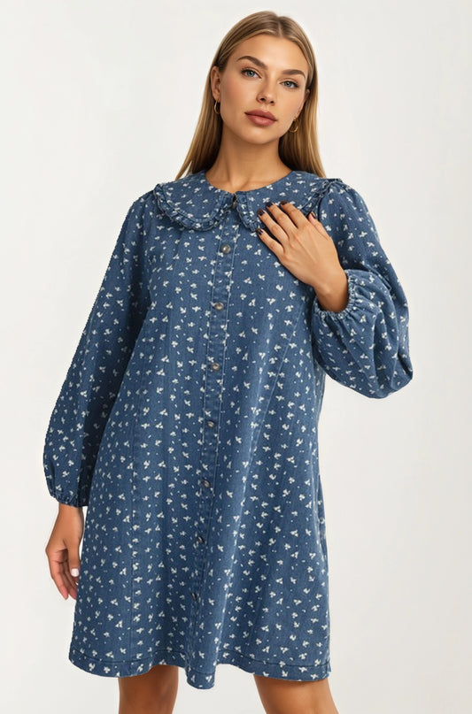 Button Front Mini Dress with Puff Sleeves and Ruffle Collar